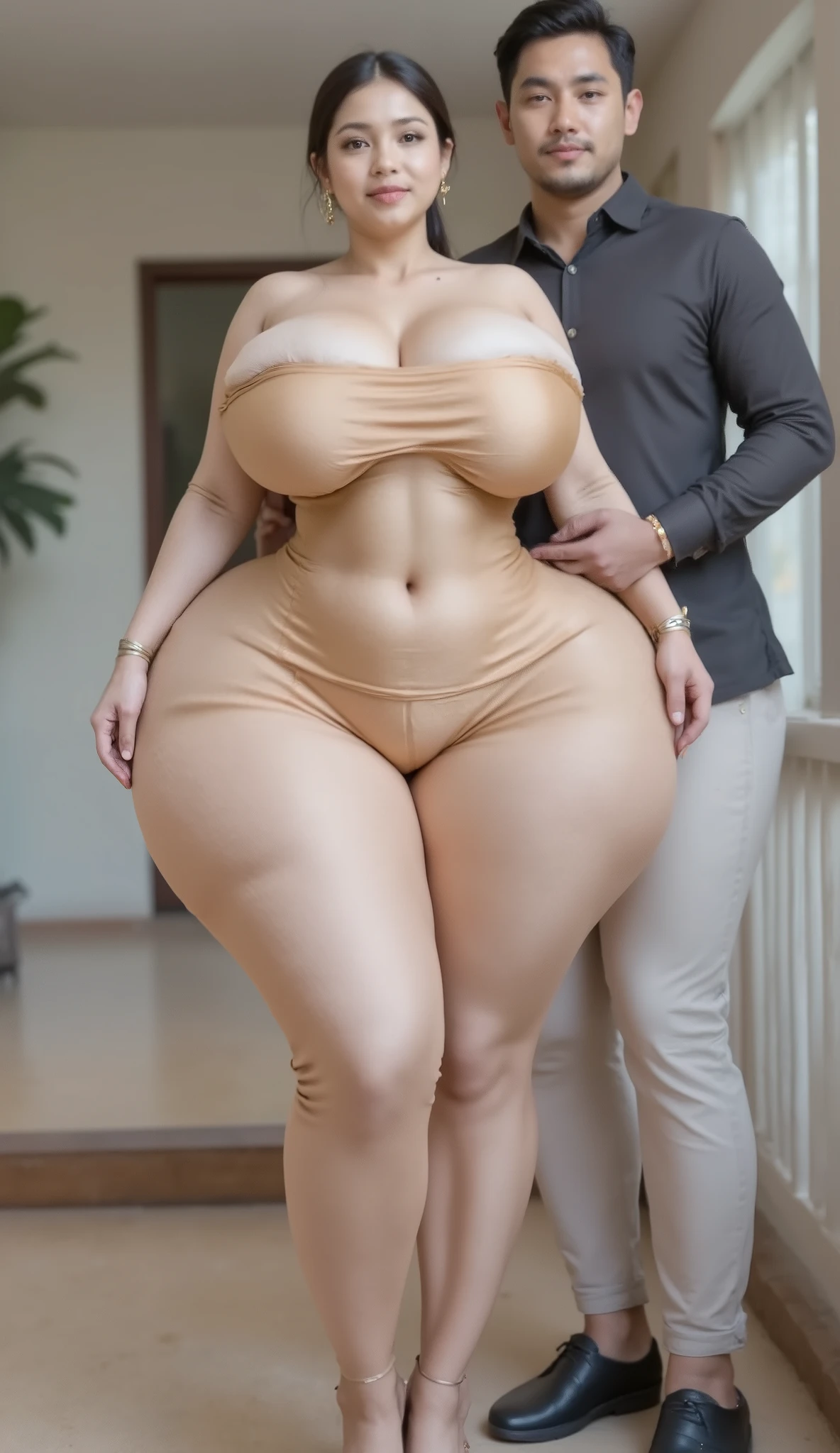 ((naked)),((huge saggy tits)),((heavy looking body)),((wide hips)),((thick body)),((big belly)),((Japanese woman)),((brown hair)),((short hair)),((brown eyes)),((full body portrait))、((1 woman)),stand on tiptoe、White blank background、stand facing forward、barefoot、full body portrait、stand with legs apart、Model Pose、Full body portrait、Stand with your legs apart、Realistic full body