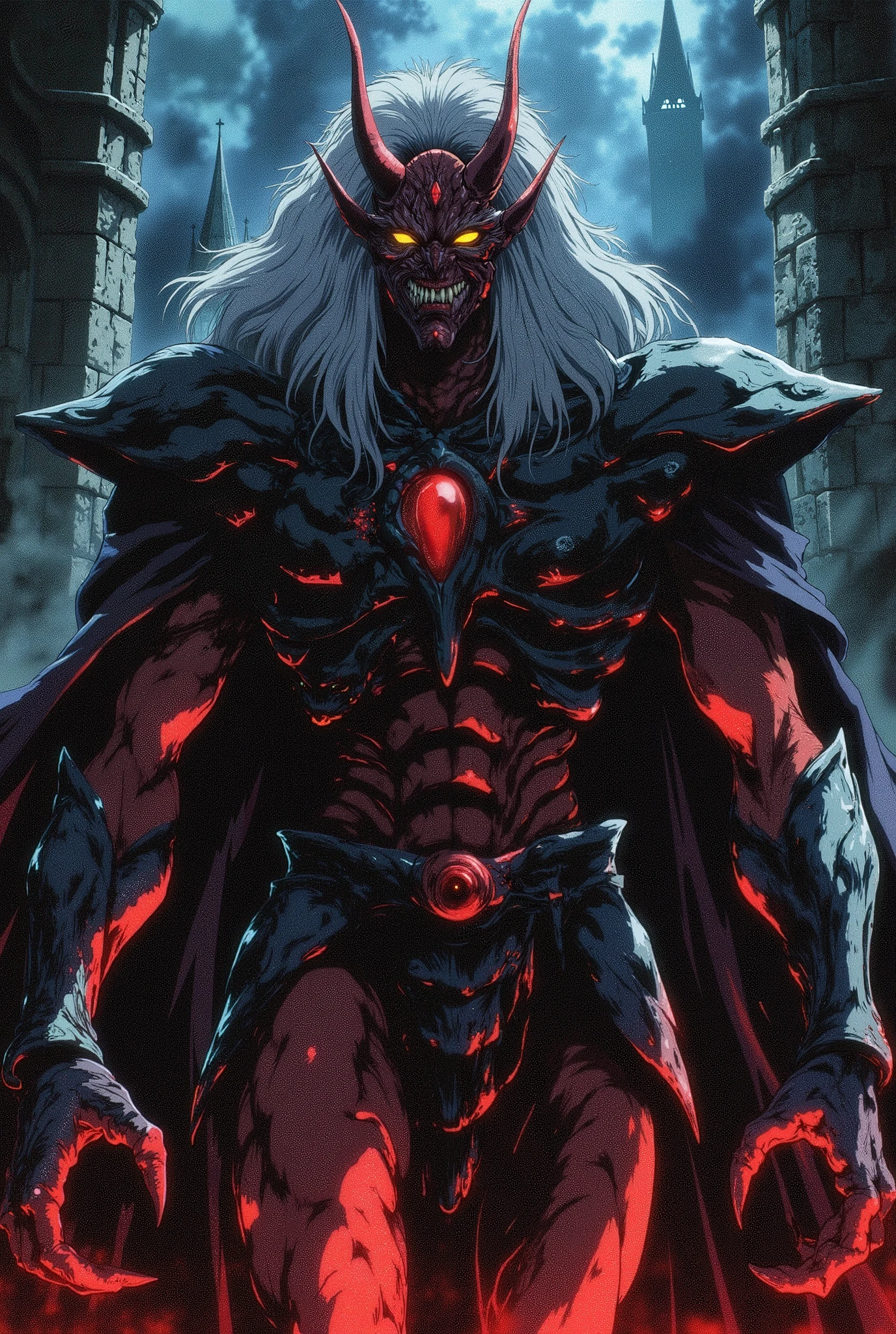 a red demon, with a pointed nose, four dark red horns, two small and two large curved backwards, long white hair, bright yellow eyes, black lips, pointed ears, red skin, wearing a symbiotic black metal armor that covers the entire body including clawed hands and arms, with voluminous black hair on the shoulders, torn black cloak, in a castle