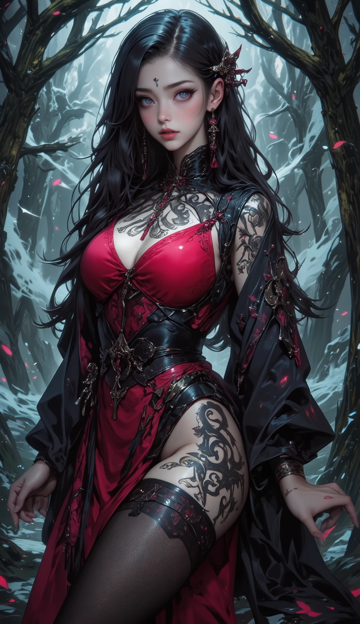 Beautiful Painting of the Elegant Vampire Siren: A Perfect Figure of Enchantment in 8K
Gracefully posing in an ethereal, dimly lit setting, this beautiful painting unveils the enchanting presence of a perfect female vampire. Her slender, elongated figure is draped in an exquisitely detailed, extremely baroque vampire corset, showcasing both her allure and her otherworldly nature.
With huge, ripe breasts that taunt the senses, cascading waves of shapeless, long, jet-black hair draped artfully around her, and perfect features that exude an unparalle