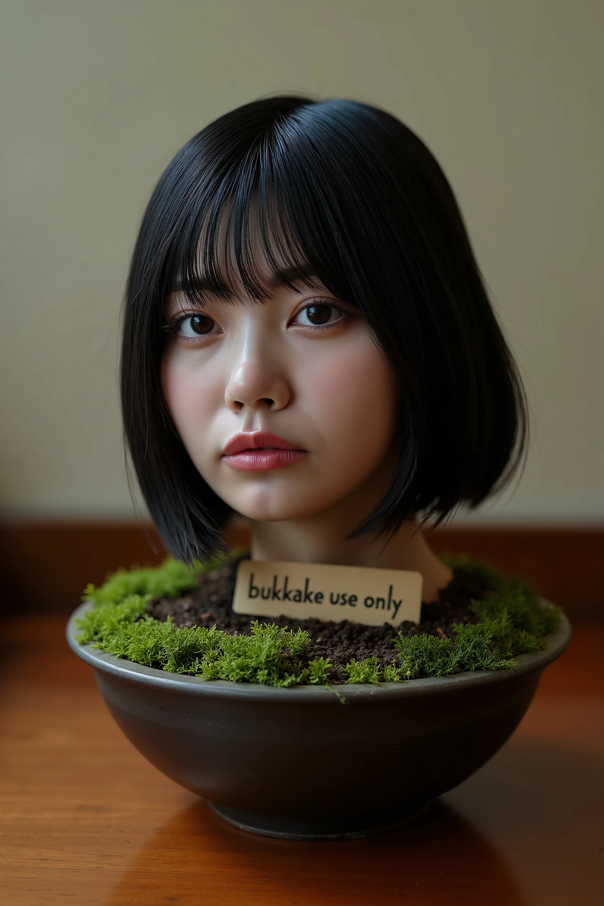 High resolution photo of the head and neck of a young Japanese woman buried in the center of the slightly mossy soil in a bonsai pot placed on a table in a traditional Japanese home. In the bonsai pot is a tag with word "bukkake use only". The size of the bonsai pot suits just right for her head. No part of her body is visible below the shoulders. She has short bob glossy black hair with long bangs. She looks sad and frowning on her face. The amazing quality, extreme details, intricate details, sharp focus, rich contrast and realistic use of professional lighting techniques make this photograph a masterpiece. This is the concept for the game "Tomak".
