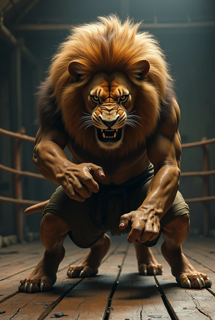 Dark silhouette in shadows of a humanoid lion training in mma gym in shadows with mma gloves throwing kicks