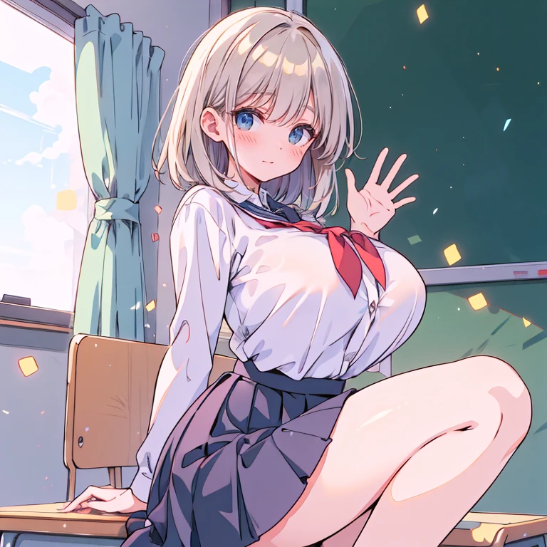 [1girl, little cocon \(umamusume\), umamusume], (throw_hand, pink vibrator remote switch in throw_hand, throw:1.2), Highest quality, Super detailed, masterpiece, Ultra-high resolution, 8K, Ridiculous, Cowboy Shooting, Blurred, One girl, Focus on the girl, Embarrassing, blush, Lovely, Close one eye, With tears in her eyes and her mouth open, What saliva leaves behind, Wet skirt hem, (Sticky panties:1.1), Bulging of the vibrator cord, Vibrator with Garters, (cleavage), Classroom Background, The skirt is accidentally exposed,(large breasts), (crop top navel), (waist line), Accidentally exposed panties
