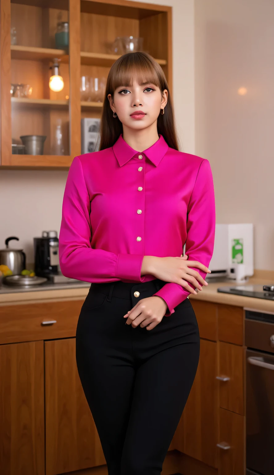 A beautiful woman, standing in the kitchen, front facing, use a pink formal shirt, Black trousers, big boobs, slim waist, red lips,