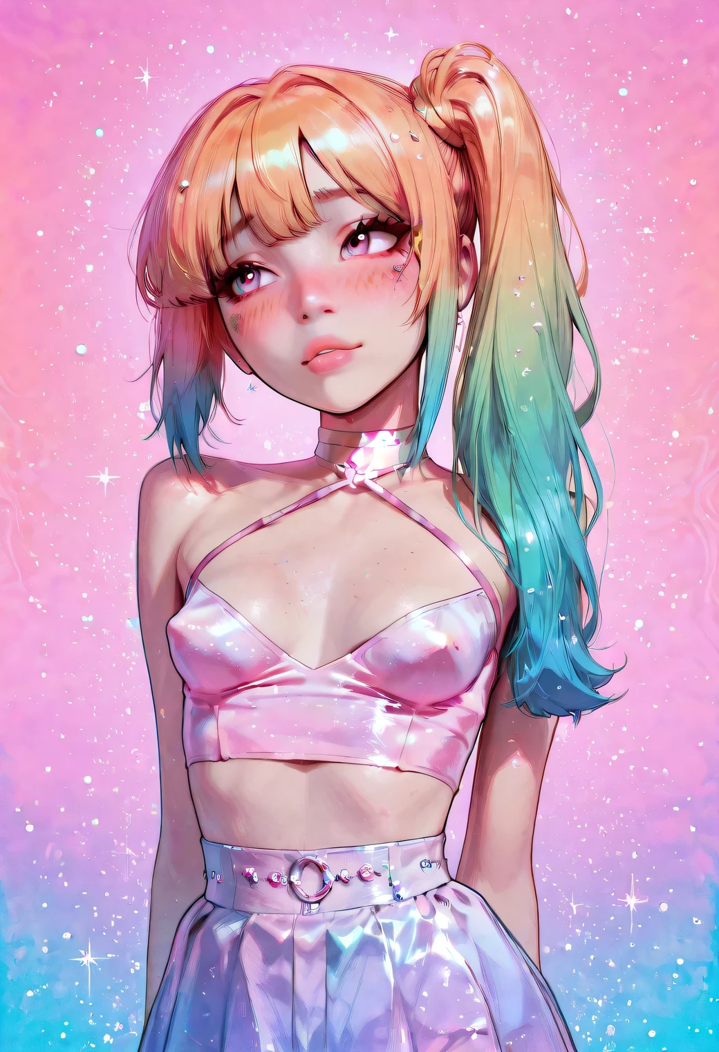 An exquisitely stylized cowboy_shot portrait of a scene girl raver, 21yo mixed race woman, medium_tan skin, colorful hair, gradient hair color, asymmetrical hairstyle, complicated hair, highly detailed skin and hair textures, eye shadow, eye liner, (lip gloss), small perky breasts, pointy breasts, pokies, waist-hip ratio, lithe, cropped Halter-neck top, skirt, raver style and fashion, ((dreamcore aesthetic, dreamy vaporwave vibes, pastel neon color theme, glitter, girly, glamour fae dream girl)), dark club background, liminal space, pastel stroboscopic lightshow, fairy lights, ecstatic dancing, surreal background , colorful, c0l0urc0r3, sexual attraction, (blush, aroused:1.3), glow