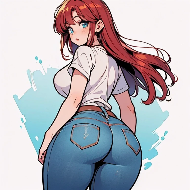 (ranma chan) (ranma saotome)(1solo)(1girl)((Solo)) ((Masterpiece)) ((High Quality)) (slim thick)((Perfect Face)) ((Huge Breasts)) ((Wide Hips)) ((Narrow Waist)) ((Beautiful)) ((Redhead)) ((Long Hair)) ((Light Skin)) ((Cute Nose)) ((BLue Eyes)) ((Young)) ((Transparent Tee Shirt)) ((Jeans))(from behind)(backshot)(huge ass)