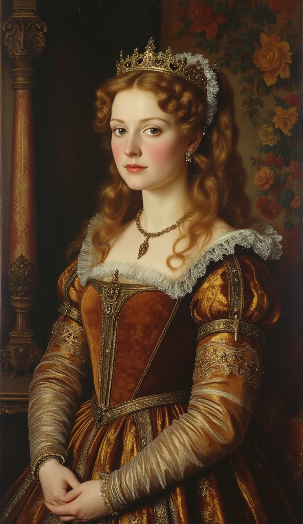 Renaissance style painting of blonde curly haired pale women with a colorful detailed dress