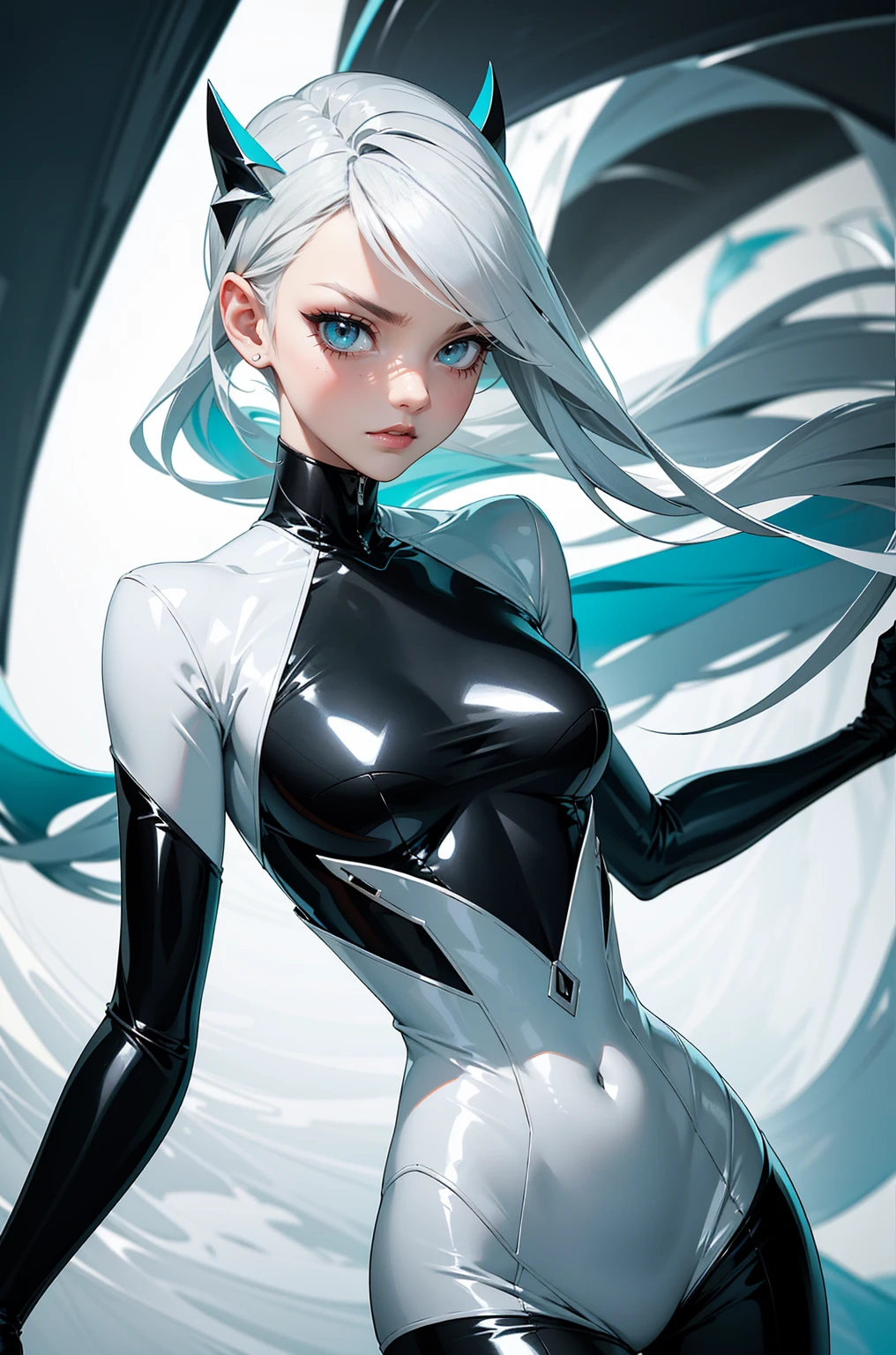 Best, Masterpiece, High Resolution, Best Quality, Ultra HD, Super Detail, Award-Standing, 16k, (Upper Body), Anatomically Correct, Beautiful Maiden, Gray Hair, Hair Strands, ((Heterochromia)), Hanging Eye Corners, Fair Skin, (Small), (Slim Body), ((Plugsuit)), Stud Earrings, (Neck Ring), Fire Opal