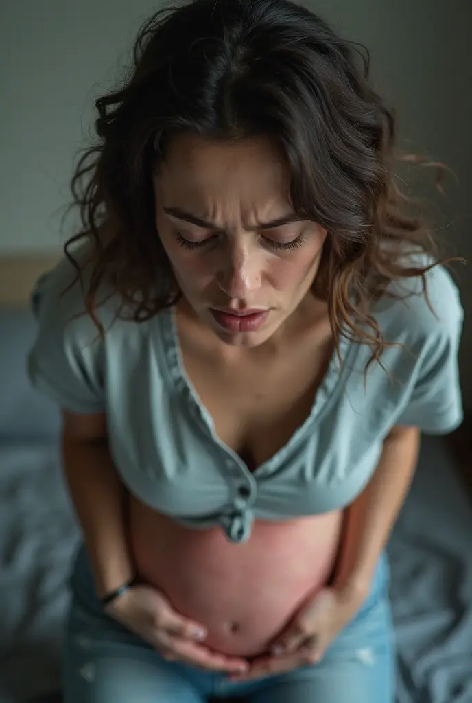 Picture of a pregnant woman lifting a heavy object with a sad face