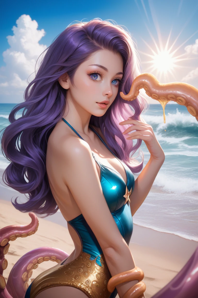 (Abyss) 1 Girl's bangs, exposed shoulders, chest, cleavage, cleavage, incision, closed eyes, crescent shaped facial mark, double braid dress, facial mark facing the audience's forehead, cow horns, long hair, medium chest, separated bangs partially submerged, purple hair, white hair, single long hair, wading through the water