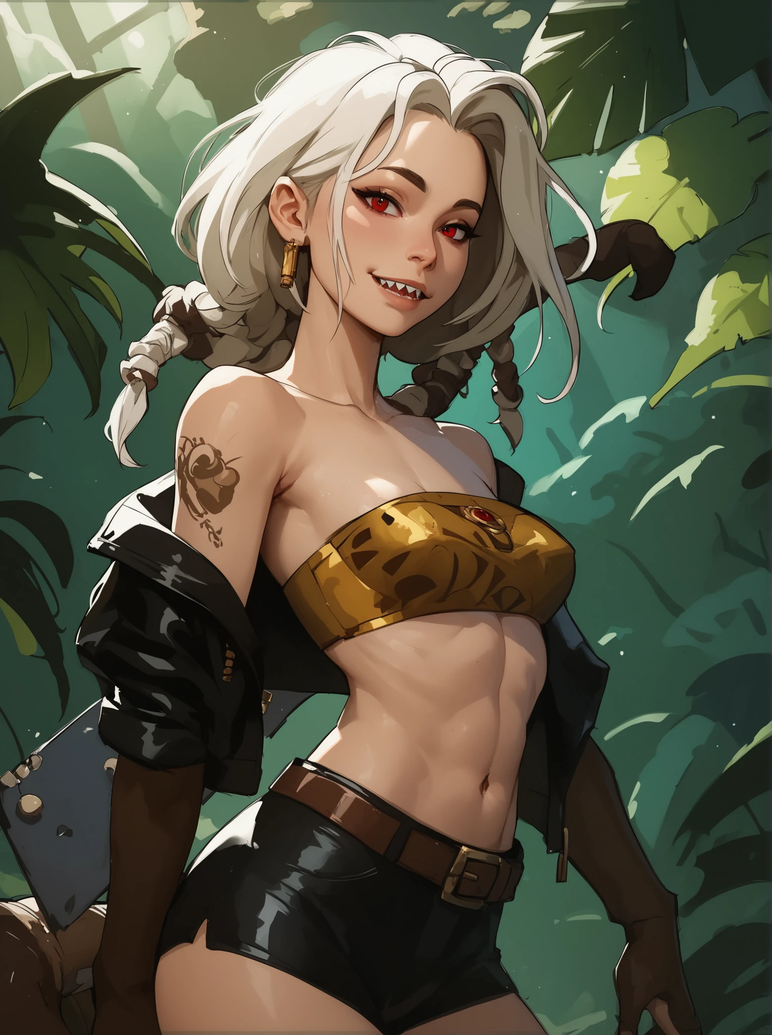 Otter girl, antromorph, masterpiece, HD , great quality, very aesthetic, absurd,  high contrast ,  high color palette , light glare ,Latest ,2.5D,volumetric lighting, Sweet, jung,  1 girl, aztekisch, small breasts, red eyes,athletic body, aztekisch, white hair strands, looks at the viewer, Dreadlocks,  shy, smiles, Anime shark teeth,  background: jungles and Aztec ruins