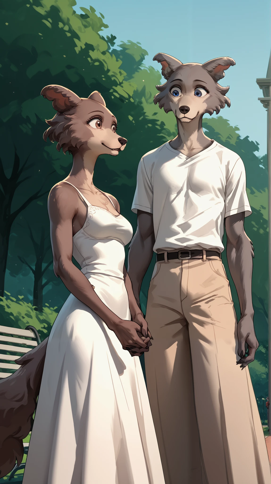 eastnik_fluffy, Park, guy, Girl, she-wolf, wolf, grey fur, brown fur, brown eyes, blue eyes, looks down, short white dress, holding hands, happy ,