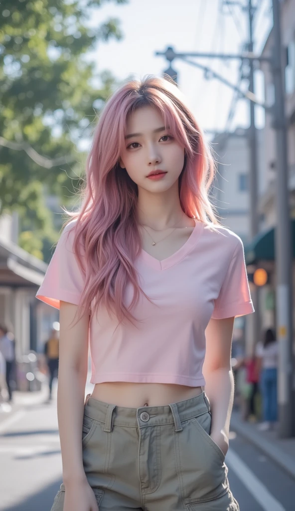 realistic portrait of a 25 year old woman, intense gaze, brown eyes, soft smile, freckles on her face, pink hair, colorful tattoos, white woolen blouse, eyeliner, thin red lips, black skirt, silver accessories, jewelry silver, cloudy scenery, amusement park