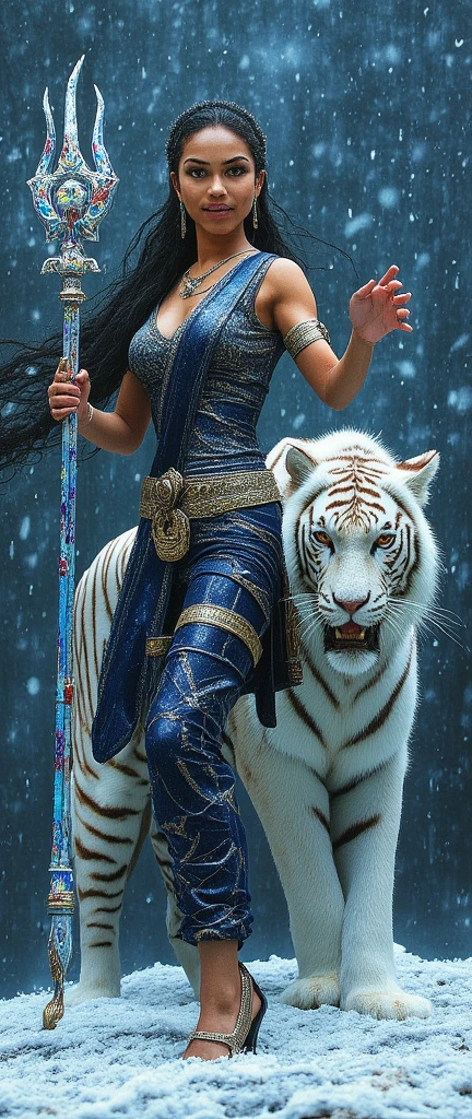 photo of a Lord  cute durga maa big Red eye looking cute face looking rani with long hair wearing a glossy patterned latex dress and dark blue saree holding Trident trishul made of colorful crystal. The Lord durga walking in rainy snowy background with white big tigerPlease Make Clear Face And High Quality image