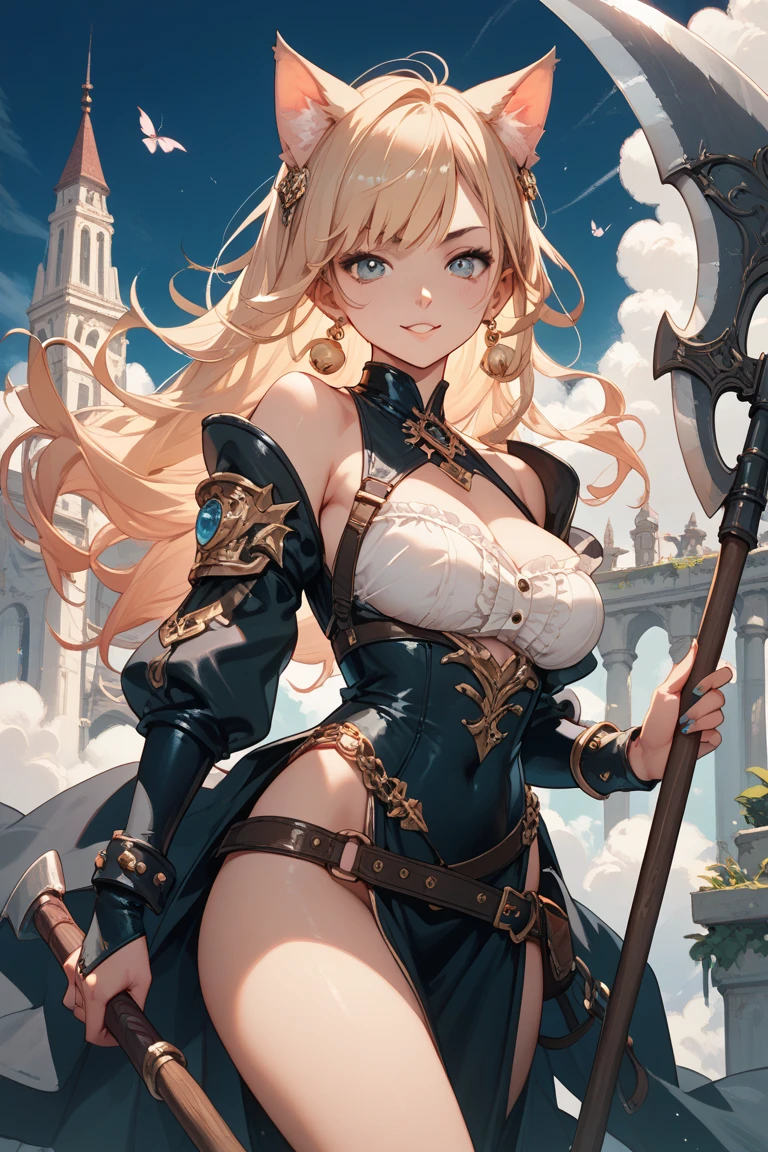 Queen elf woman, wears black maid outfit with short black maid skirt showing panties, has long messy shaggy blonde hair, It has red eyes, has a big breast.