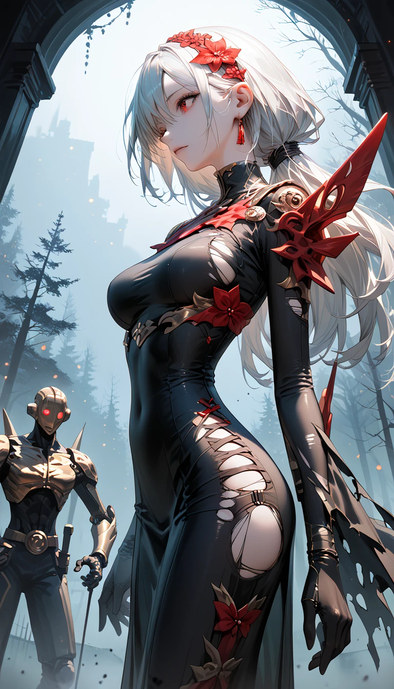 masterpiece, high quality, illustration, extremely detailed, NSFW, 1_women, (full body), (exotic skin_complexion:1.4), pale grey skin, mature, statuesque, tall, beautiful, exotic, with long elf ears, ((nude)), (looking away from the viewer), stoic expression, serious face, (((black veil covering face))), bare shoulders, wearing (diaphanous) robes, black choker, ((thigh gap)), (pussy), (thigh highs) with silver embroidery, long fingerless leather gloves, tall black boots, ((medium breasts)), (nipples), gray hair, long hair, realistic and detailed face having (((red eyes)), ((glowing eyes)), dark_eyeliner, long_eyelashes), natural dynamic lighting casts detailed shadows, graveyard, mist, fog, (((performing magic spell))),