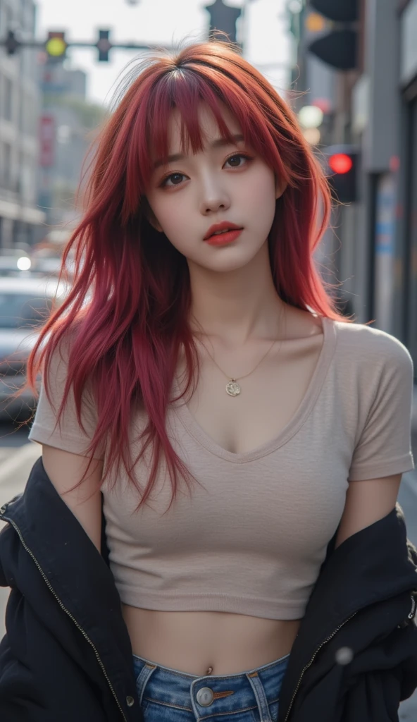 "Jisoo,shag red hairstyle, wearing v neck tshirt,candid pose, image is mid-range,walk in street.