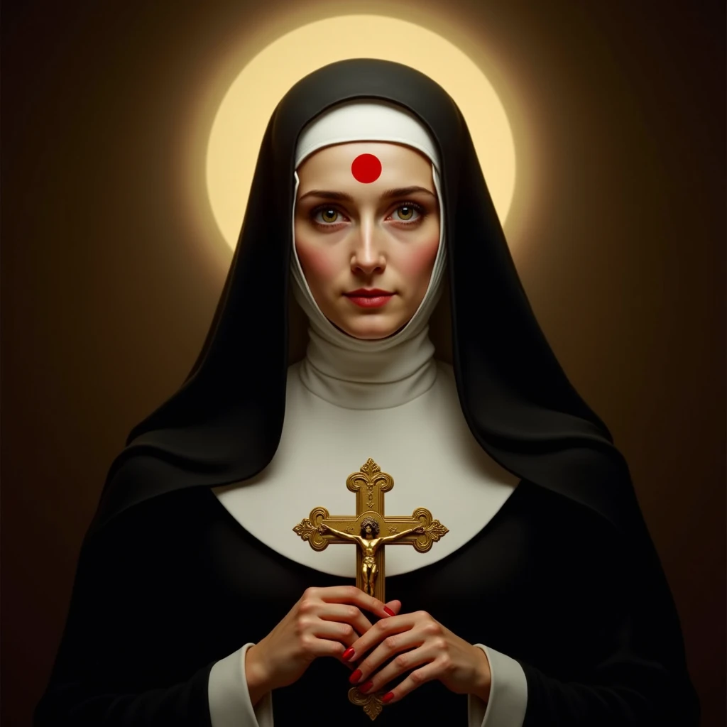 portrait of Christina Hendricks as sexy nun, bible, church, catholic, christian, intricate, headshot, highly detailed, digital painting, artstation, concept art, sharp focus, cinematic lighting, illustration, art by artgerm and greg rutkowski, alphonse mucha, cgsociety