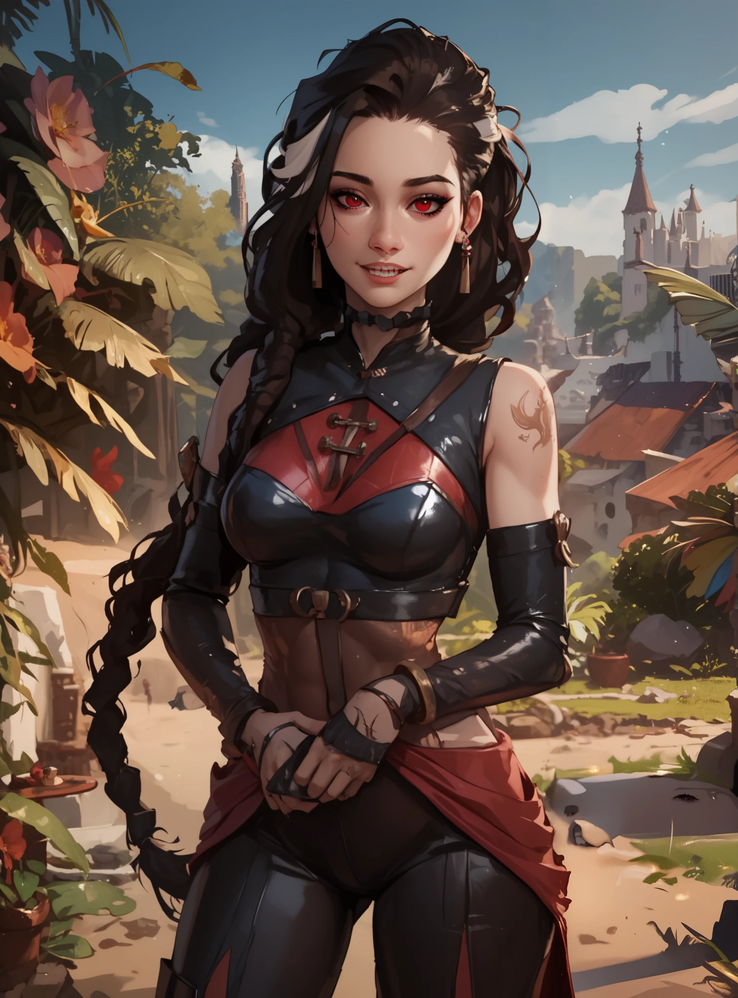 Otter girl, antromorph, masterpiece, HD , great quality, very aesthetic, absurd, high contrast , high color palette , light glare ,Latest ,2.5D,volumetric lighting, Sweet, jung, 1 girl, aztekisch, small breasts, red eyes,athletic body, aztekisch, white hair strands, looks at the viewer, Dreadlocks, shy, smiles, Anime shark teeth, background: jungles and Aztec ruins