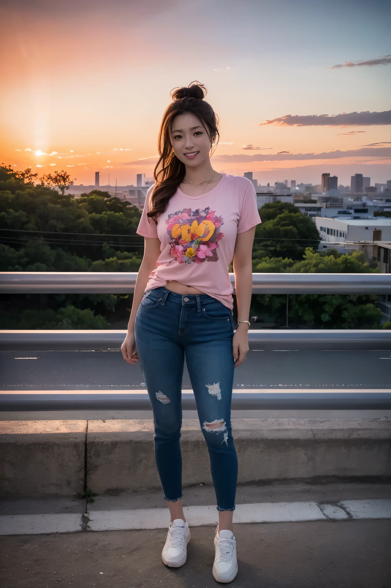 (full body)、1women in hair、40s、smile、 teeth、 RAW photos 、Award-Winning Photos、(masterpiece:1.3)、(top quality、Super Detail、complicated)、 pro pics、professional lighting、High Resolution、(((photorealistic、超real、real、8KウルトラHD)))、sexy、Focus on the Audience、amazing、long hair around the chest、bun hair、pink t-shirt、Walking along a sidewalk in a tropical city at dusk、evening、Fiery Sunsets、Orange Sky、Overseas cityscapes、Leaning against a guardrail、