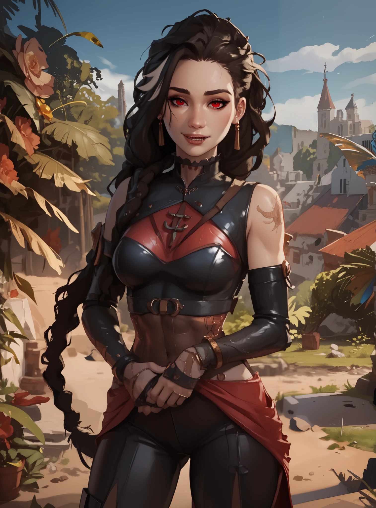 Otter girl, antromorph, masterpiece, HD , great quality, very aesthetic, absurd, high contrast , high color palette , light glare ,Latest ,2.5D,volumetric lighting, Sweet, jung, 1 girl, aztekisch, small breasts, red eyes,athletic body, aztekisch, white hair strands, looks at the viewer, Dreadlocks, shy, smiles, Anime shark teeth, background: jungles and Aztec ruins