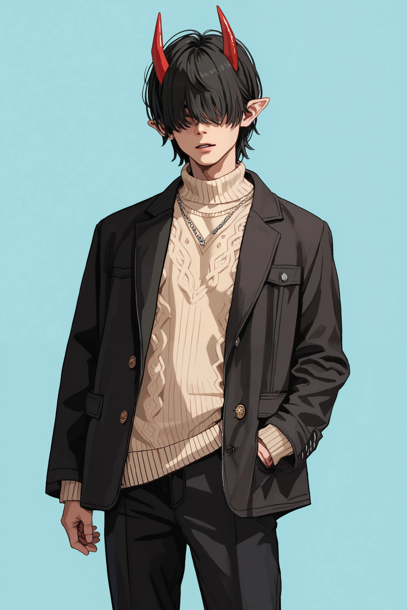 1 boy, medium black hair, bangs over eyes, red horns, pointy ears, beige sweater, black jacket, black pants, simple background