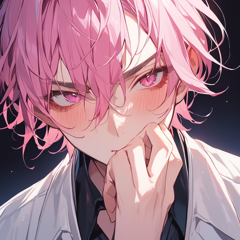 A young man with light pink hair, black eyes, a White suit stood with his back turned half-face smoking a cigarette in his room at night.