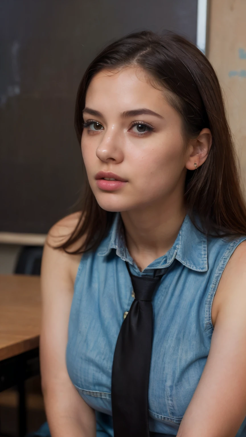 1girl, beautiful detailed eyes, beautiful detailed lips, extremely detailed face and eyes, long eyelashes, necktie, extra large ample breasts with intricate detailed skin texture, solo, denim jacket, looking at viewer, sleeveless, collared shirt with unbuttoned and opened, sitting on chair, classroom, (best quality, 4k, 8k, highres, masterpiece:1.2), ultra-detailed, (realistic, photorealistic, photo-realistic:1.37), vibrant colors, dramatic lighting, moody atmosphere, pink lips