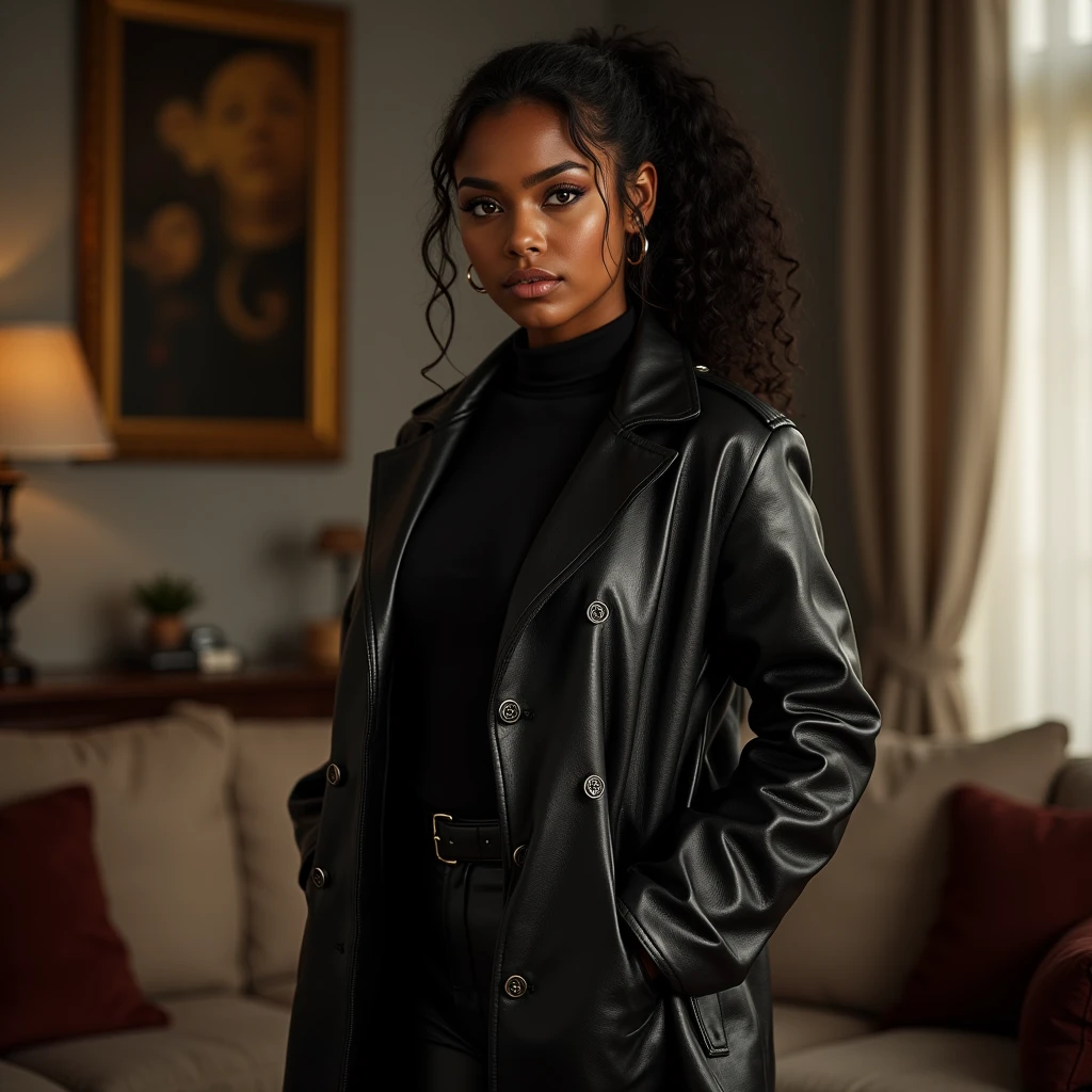 hyper realistic portrait of Yara shahidi, 22 years old, brown hair with blonde highlights and amber eyes. woman, she should have a natural, approachable expression and be lit by soft, dark light, canon eos r5, raw format, night, sitting in a detailed warehouse with a panoramic view of New York, rebel leader, wearing Acne Studios