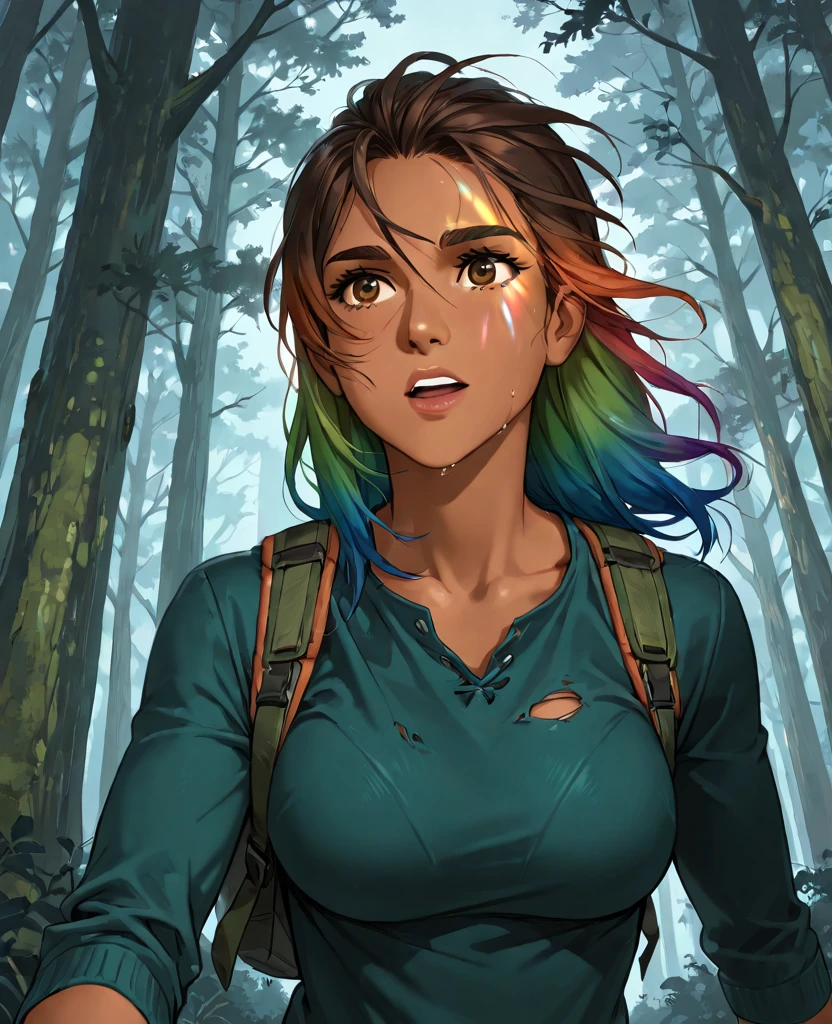 (best quality, masterpiece1.2), (detailed eye:1.2), complex detail, depth of field, 1girl, jungle, crop top, angry, sweat, brownhair, exploration, embarrassed, backpack, tomb raider inspiration, lara croft, gun