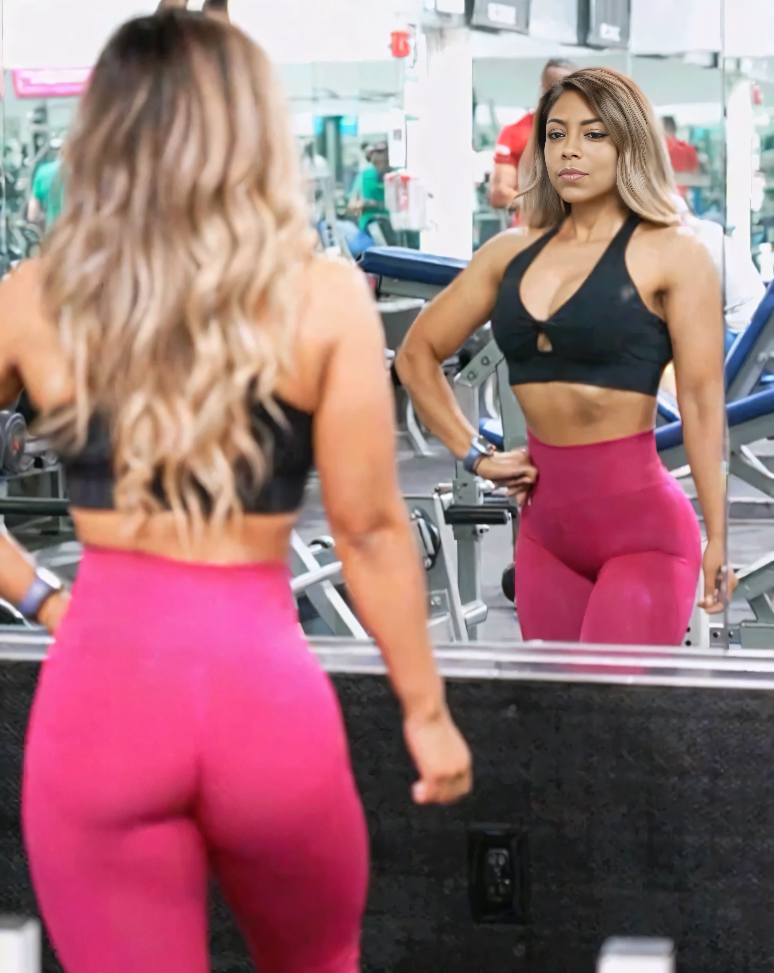 A proud, 30-year-old, formerly geeky and nerdy woman, now a muscular fitness queen reamiang her nerdy geeky shy vibe, stands in front of a worn, wooden-framed mirror in a retro-style, dimly lit, old-school gym, surrounded by scattered dumbbells, kettlebells, and weight plates, with a few medicinal supplements and protein shakes on a nearby shelf. Her toned, athletic bulky muscular physique,chiseld muscular eight-pack abs, a testament to her hard work and dedication, is accentuated by her form-fitting, tiny bright pink triangle bikini and high heels,wearing high heels, complete with a sleek, ((((short blond pixiecut hair)))) and a bold, bright smile, showcasing her pearly whites. Her skin is pale, and her bright, expressive brown eyes sparkle with self-assurance, as she gazes at her reflection, admiring the fruits of her labor. The mirror's surface is slightly foggy, with a few streaks and smudges, adding to the nostalgic, old-gym ambiance.