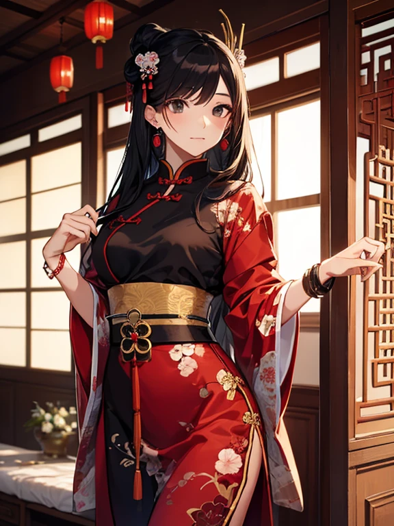 A tragic historical drama in 8k live-action style: Beautiful palace secrets Beautiful Chinese Kung Fu Princess with long black hair having sex Gorgeous embroidery, Ultra glossy, She is wearing a shiny red top and bottom long sleeve floral pajama kung fu suit.... She's crying