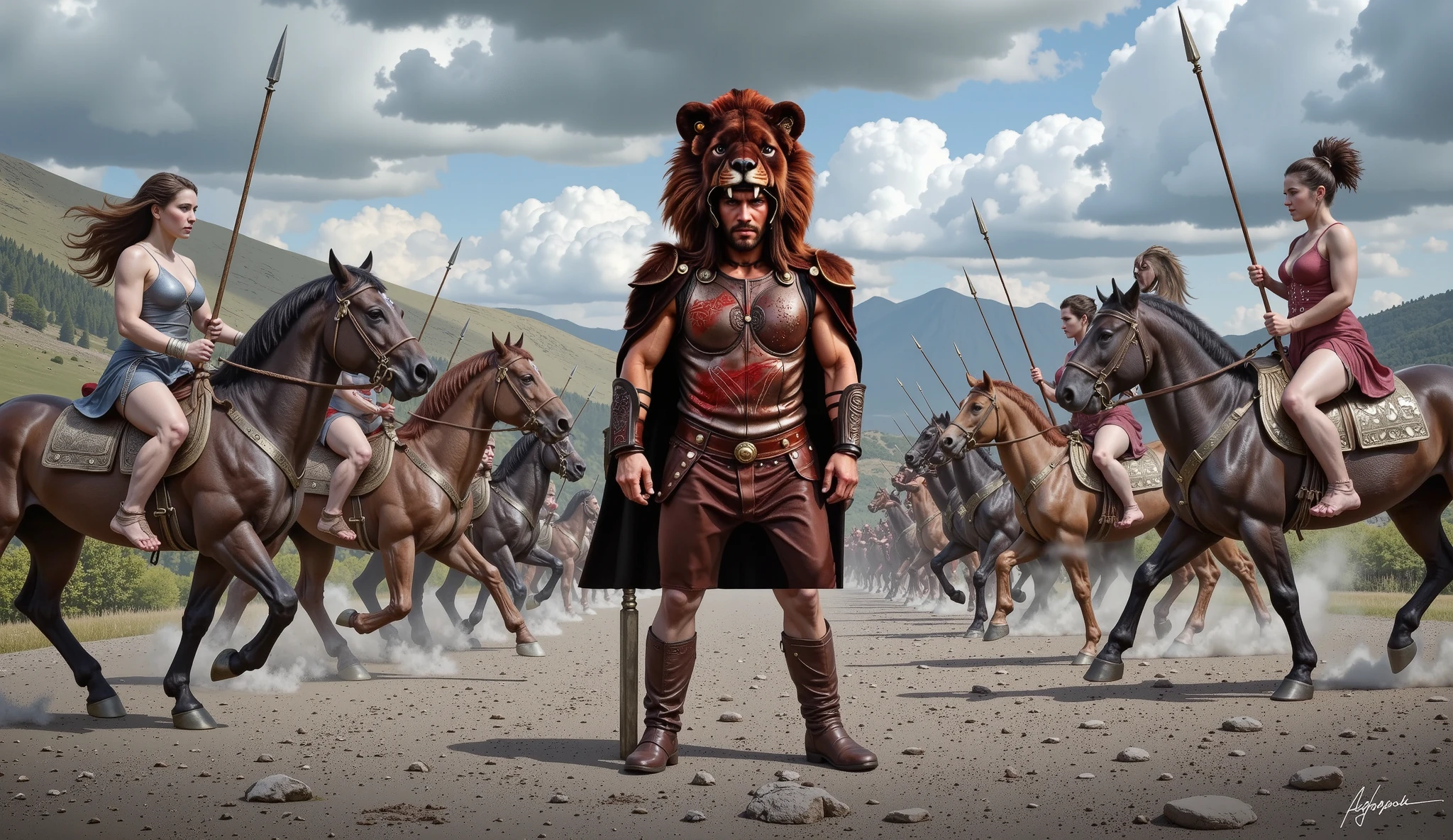 Hercules standing on the ground, surrounded by Amazon warriors on horseback wielding spears.
