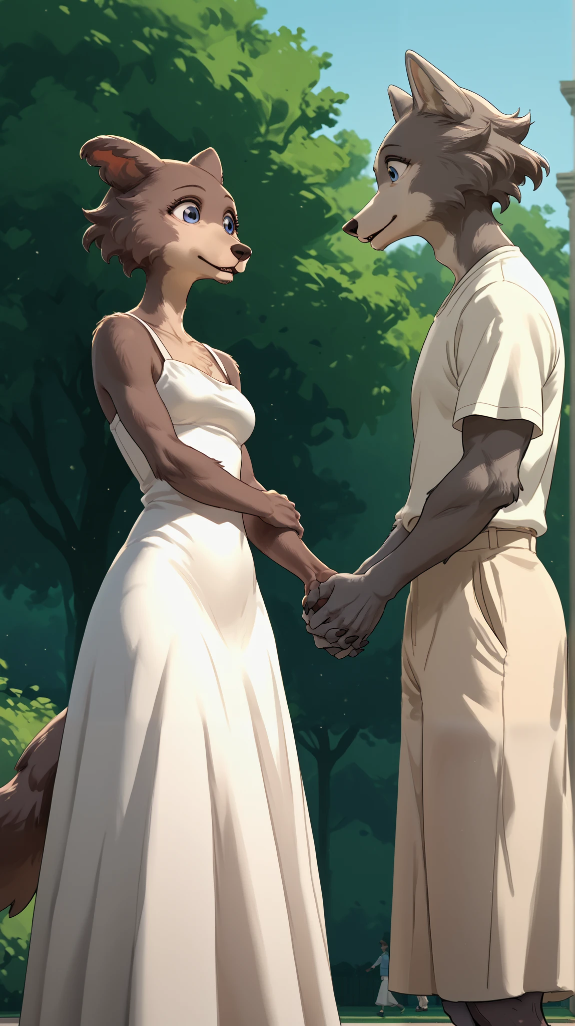 eastnik_fluffy, Park, guy, Girl, she-wolf, wolf, grey fur, brown fur, brown eyes, blue eyes, looks down, short white dress, holding hands, happy
