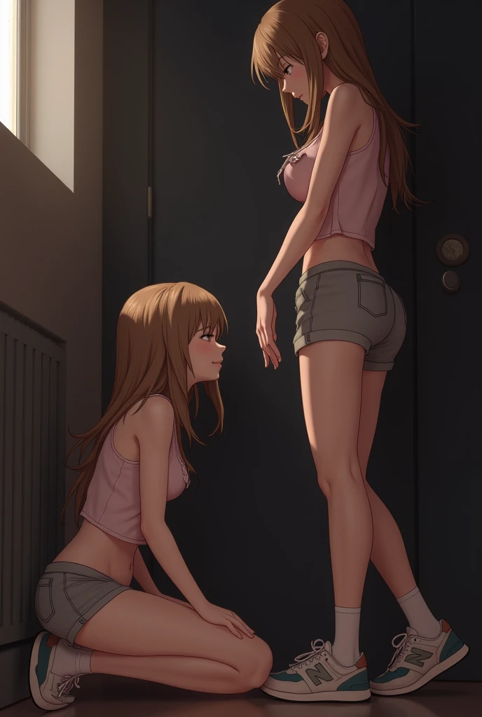 (1man:1.8),group,1girl, (crawl on all fours:1.3),short ponytails,beautiful girl,,,highschool student,akb48,nogizaka46,small breasts,skinny, brown hair,standing,(The woman is completely naked:1.7),fullnude,pussy,cry,tears,(collar:1.2),(restrained:1.2),(shackles:1.4),bdsm,public indecency,road in residential area,road,,Buildings outside,collar, (leash:1.4),(fullbody:1.3),A man takes a naked woman for a walk,The man holds a leash in his hand that connects to the woman's collar,man is 30 years old,
man is dog trainer,A man is training a woman,from side,
