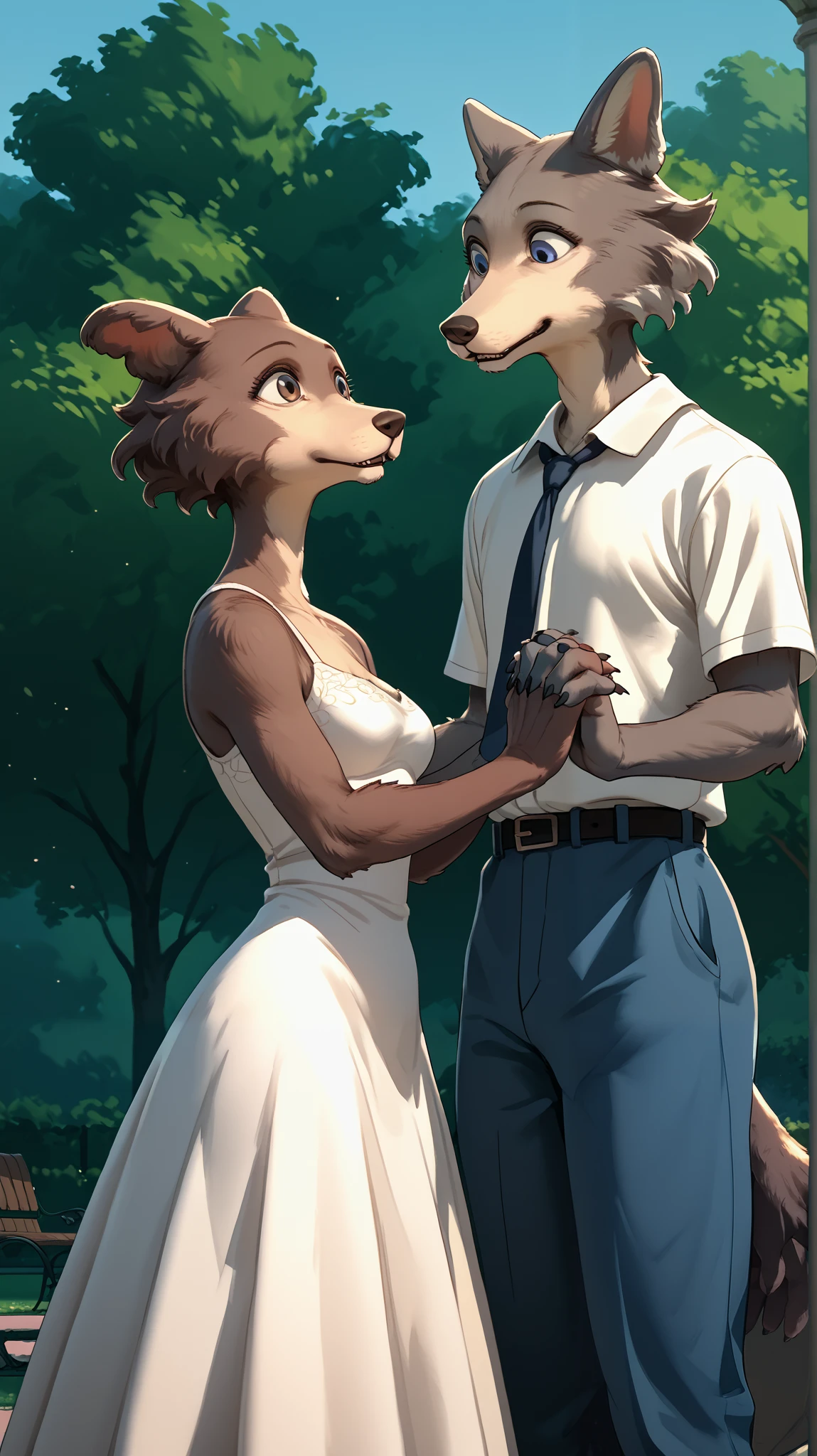 eastnik_fluffy, Park, guy, Girl, she-wolf, wolf, grey fur, brown fur, brown eyes, blue eyes, looks down, short white dress, holding hands, happy , detailed hands, four fingers