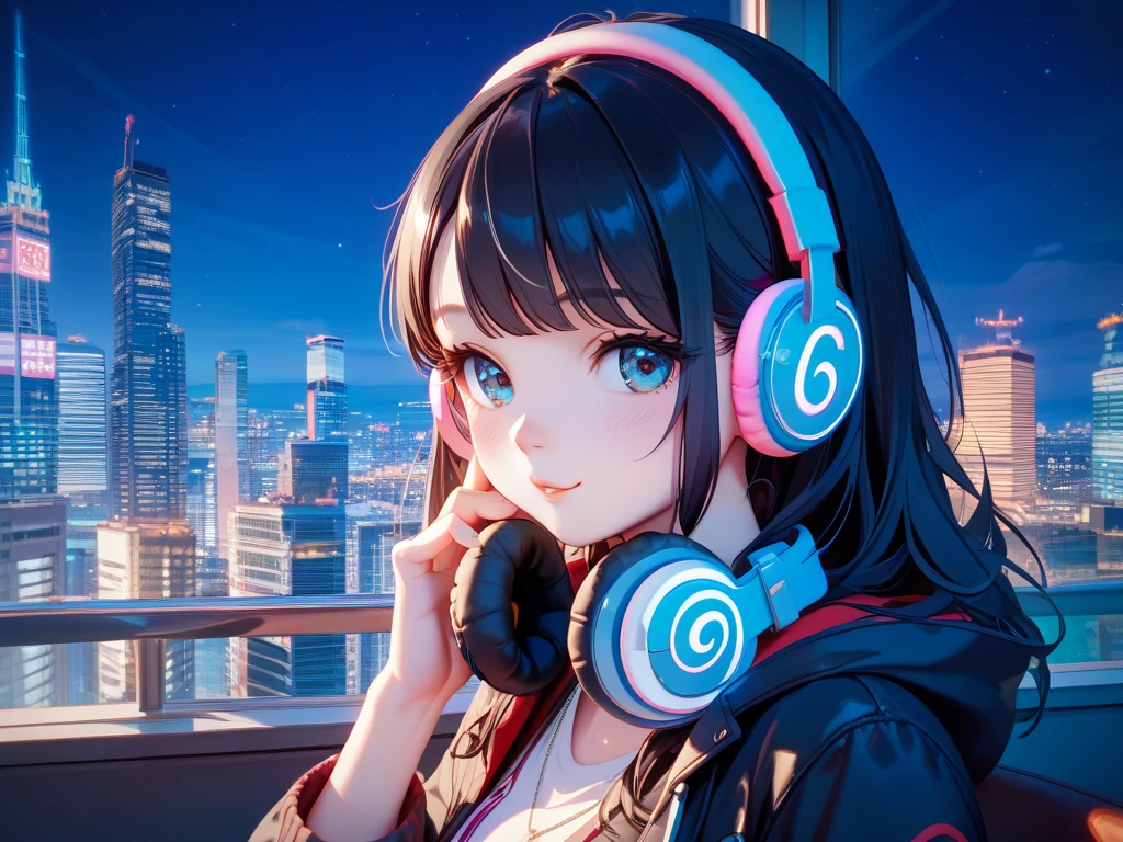 最high quality、best image quality、masterpiece、girl((20-year-old、 By becoming、vest bust、medium bust,wide open breast tea、shining eyes, neon hair、long hair、thin,highest valley、Damaged Denim Shorts、black navel shirt、Damaged Denim Jacket、smile、full body tattoo,diamond earrings、Wristband、necklace、I have headphones、leaning forward、elation、have a controller、lean against the wall)),high quality、beautiful art、background((game room、red lighting、green lighting、virtual))、Flight、debris flies、Depth of written boundary、movie、visual art、perfect art、8k,genuine、