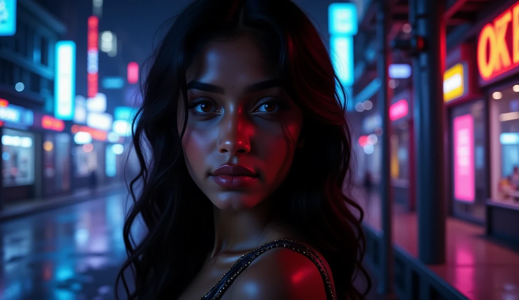 a voluptuous black girl,beautiful detailed eyes,beautiful detailed lips,extremely detailed eyes and face,longeyelashes,lingerie,sexy pose,dark haunted night club interior,dramatic lighting,moody atmosphere,cinematic,neon lights,hyper-realistic,photorealistic,8k,best quality,masterpiece seductive