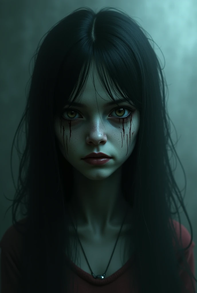 (good quality), (many details), (masterpiece), young girl with wild brown hair, a third eye on her forehead, vampiress, emaciated, good, at night, in an alley, torn jeans and old used t-shirt, scarf around her forehead, modern city