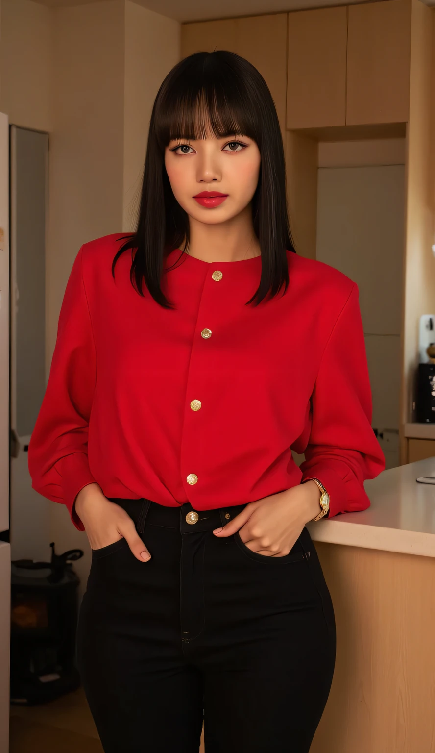A beautiful woman, standing in the kitchen, front facing, use a red casual blouse, Black trousers, big boobs, slim waist, red lips,