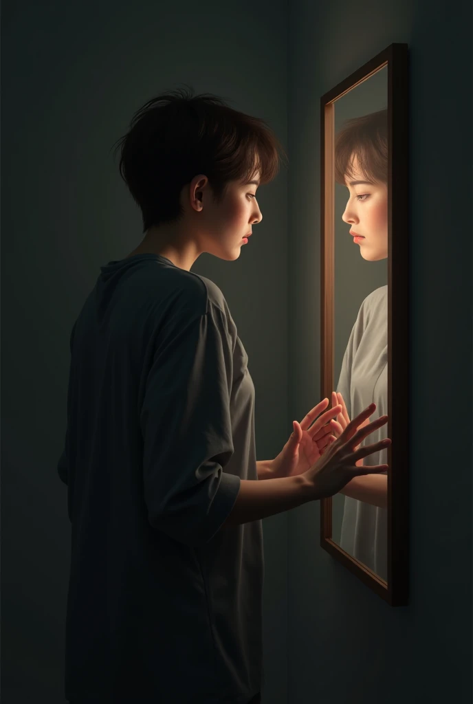 A person confidently standing in front of a mirror, their reflection showing a calm and determined expression, with hands open as if accepting responsibility. Make it vibrant and hyper realistic