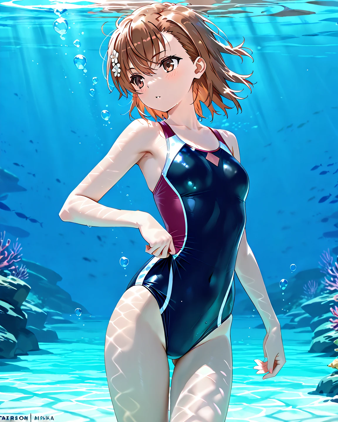 masterpiece, best quality, girl, solo, ((mauve hair)), (medium hair), [short hair], glowing eyes, aqua eyes, small breasts, looking at viewer, smile, blush, closed mouth, illustration, (blunt bangs), beautiful, ((competition swimsuit)), (black swimsuit), (bare arms), shiny clothes, (shiny swimsuit), (lighting), underwater, [cute], high-leg, ((floating ribbons)), detailed