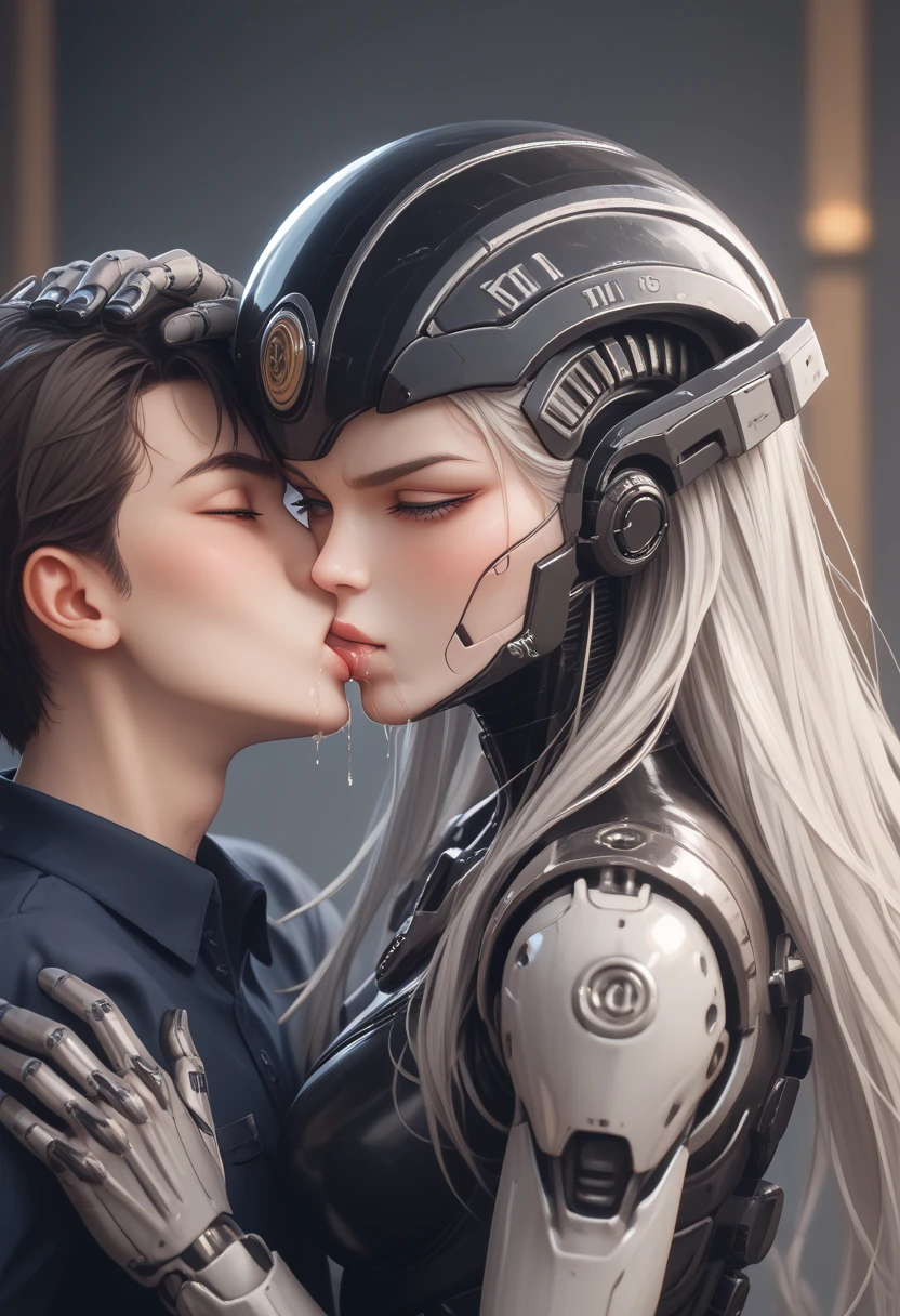 A humanoid female kissing a male human