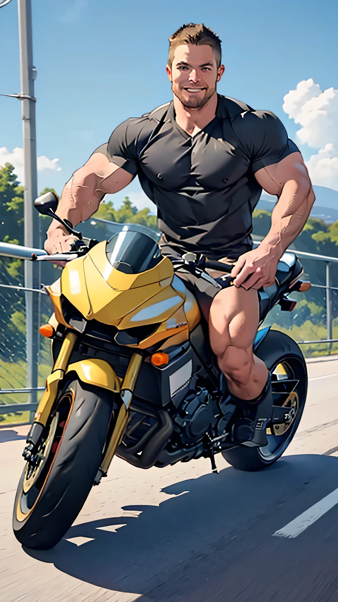 NSFW , masterpiece, best quality face,((( perfect anatomy ))),((( lewd attitude , horny expression))) natural eyes with a smile, mature man, muscled and mature, stephen amell as an athlete riding a motorcycle on a highway,speeding up, in action , full body