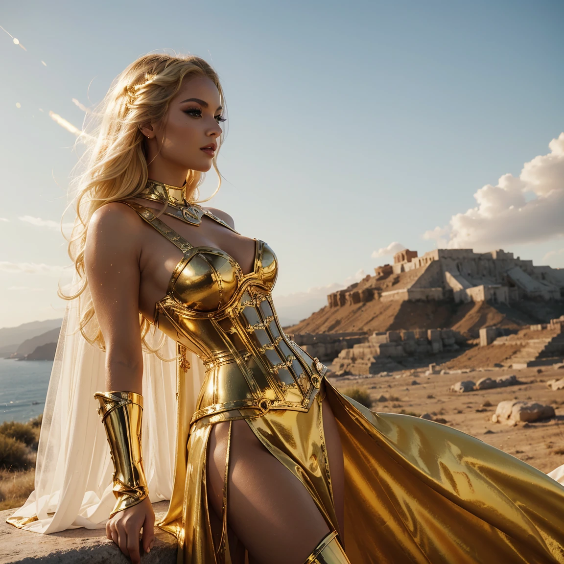 A majestic scene of an ancient Greek warrior woman standing confidently amidst the ruins of a classical temple by the sea. She has long, braided blonde hair and wears a flowing white thin dress with a high slit, accented with golden armor pieces on her shoulders, forearms, and a wide belt cinching her waist. Her outfit is completed with a blue cape flowing in the wind. The background features rugged coastal cliffs and a clear blue sky with fluffy clouds. The setting sun casts a warm, golden light over the scene, highlighting the intricate details of the ruins and the warrior's attire, medium body shot, beautiful breasts, hanging breasts, elegance pose