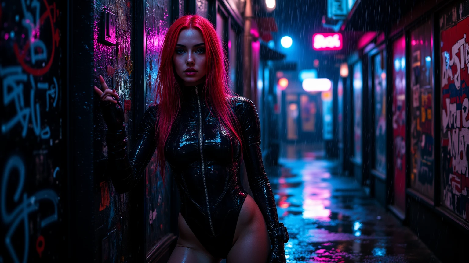 beautiful girl, ((chin: 1.4)), (confident gaze: 1.1), full body, long bright neon streaked red hair, ((realistic, highly detailed eyes: 1.4)), ((seductive pose : 1.2)), (full breasts: 1.2) black eyeshadow , (street style wear: 1.2), ((skinny leather red pants)), ((skinny leather red jacket)), ((red leather bra)) ((knee-high leather red boots)), ((dark, dead futuristic city street background: 1,4)), dark makeup, digital art, trendy artstation, highly detailed, fine details, intricate, detailed facial features, sharp focus, smooth, aesthetic