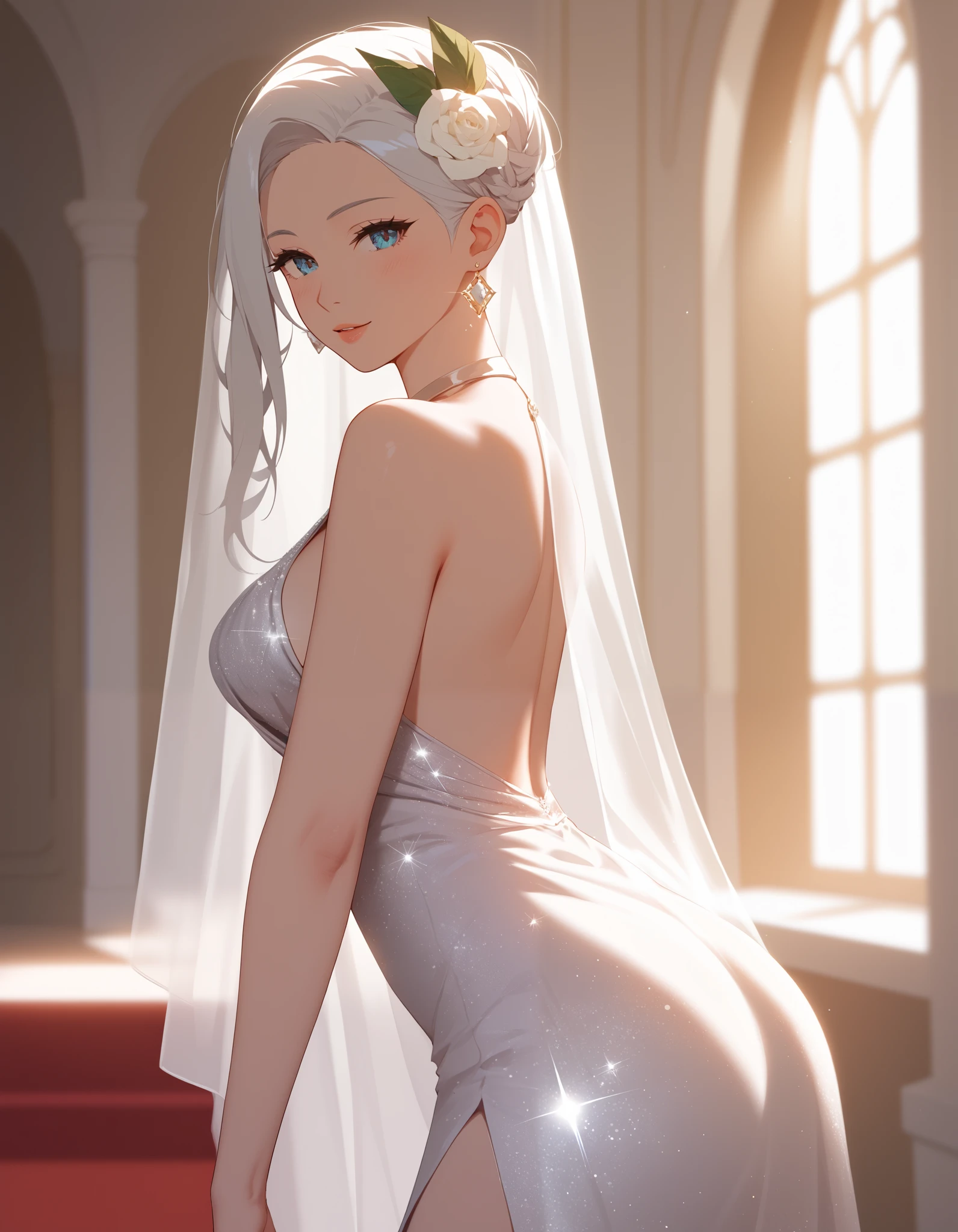 Create a flat 2D style image, hand illustration, with elegant line art and soft shading, sensual and refined, inspired by the distinctive style of Milo Manara. Lixa Lux is a young Italian woman, extremely seductive with a perfectly symmetrical face, deep eyes and an intense and seductive expression. Clothing: Long low-cut evening dress, silver-colored woman that sparkles under the lights. Pose : Majestic entrance with a direct look at the room. Background: Foyer of a luxury hotel with admiring guests.  lighting : Soft lights of the foyer reflecting on her dress.