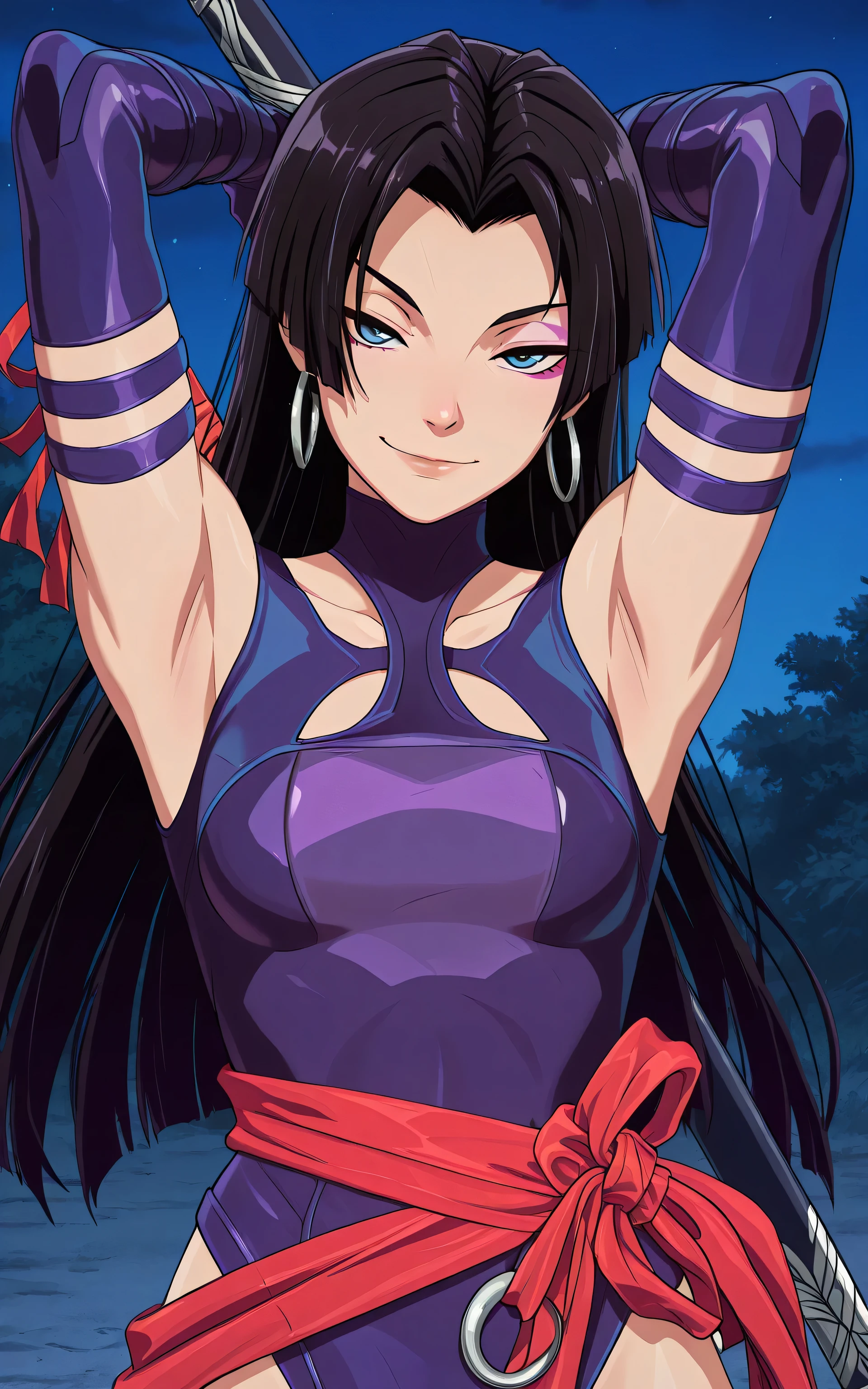 masterpiece, best quality, amazing quality, anime screencap, anime coloring, 1girl, solo, psylocke_vengeance, blue eyes, black hair, straight hair, long hair, hoop earrings, jewelry, purple leotard, highleg leotard, clothing cutout, purple gloves, elbow gloves, red ribbon, sheath, weapon on back, arms behind head, armpits, head towards viewer, looking at viewer, smile, smug, front light, outdoors, night