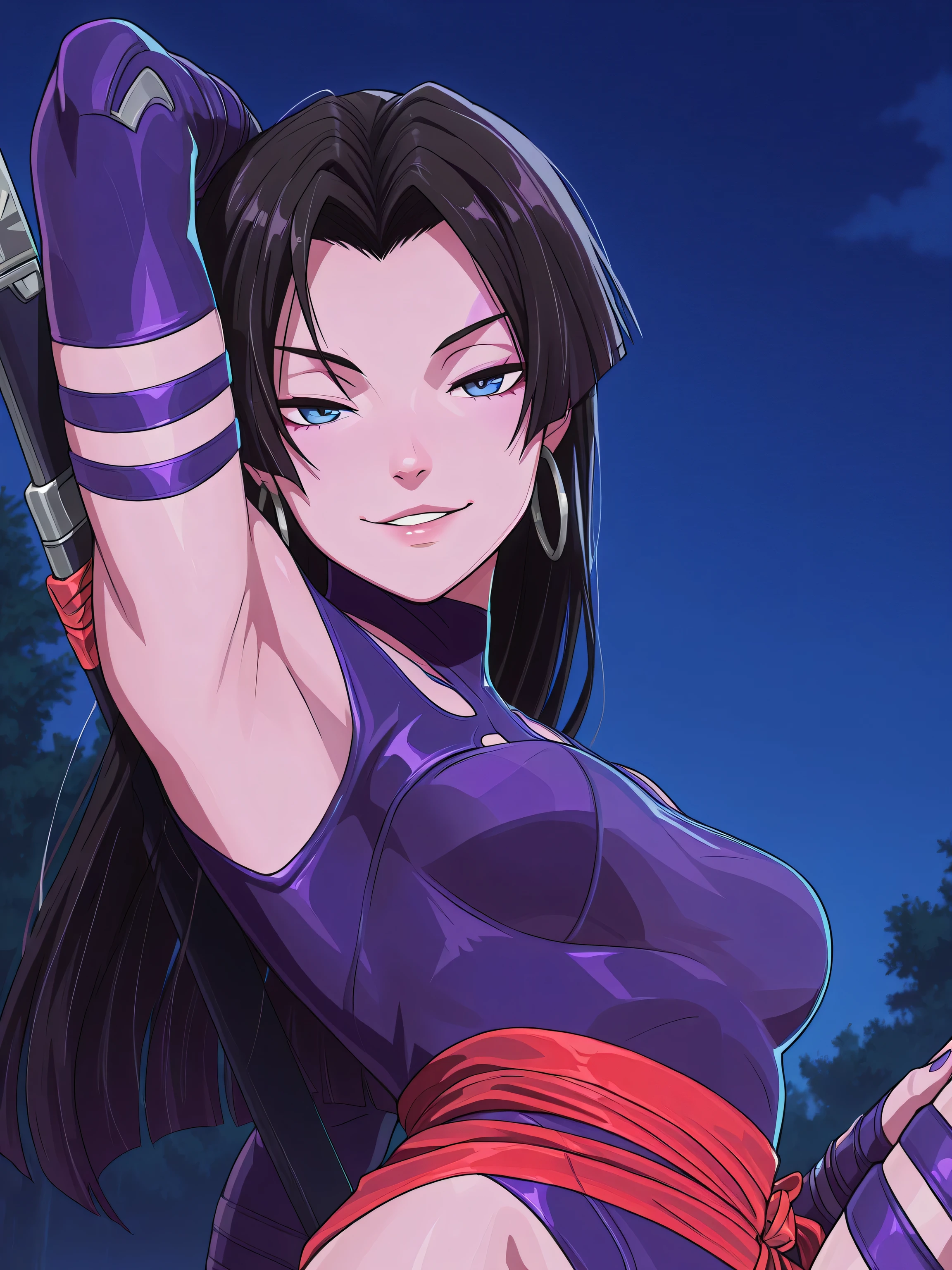 masterpiece, best quality, amazing quality, anime screencap, anime coloring, 1girl, solo, psylocke_vengeance, blue eyes, black hair, straight hair, long hair, hoop earrings, jewelry, purple leotard, clothing cutout, purple gloves, elbow gloves, red ribbon, sheath, weapon on back, arm behind head, armpit, head towards viewer, looking at viewer, smile, smug, front light, outdoors, night, from below, from side, on viewer's lap, armpit into viewer's face, parted lips