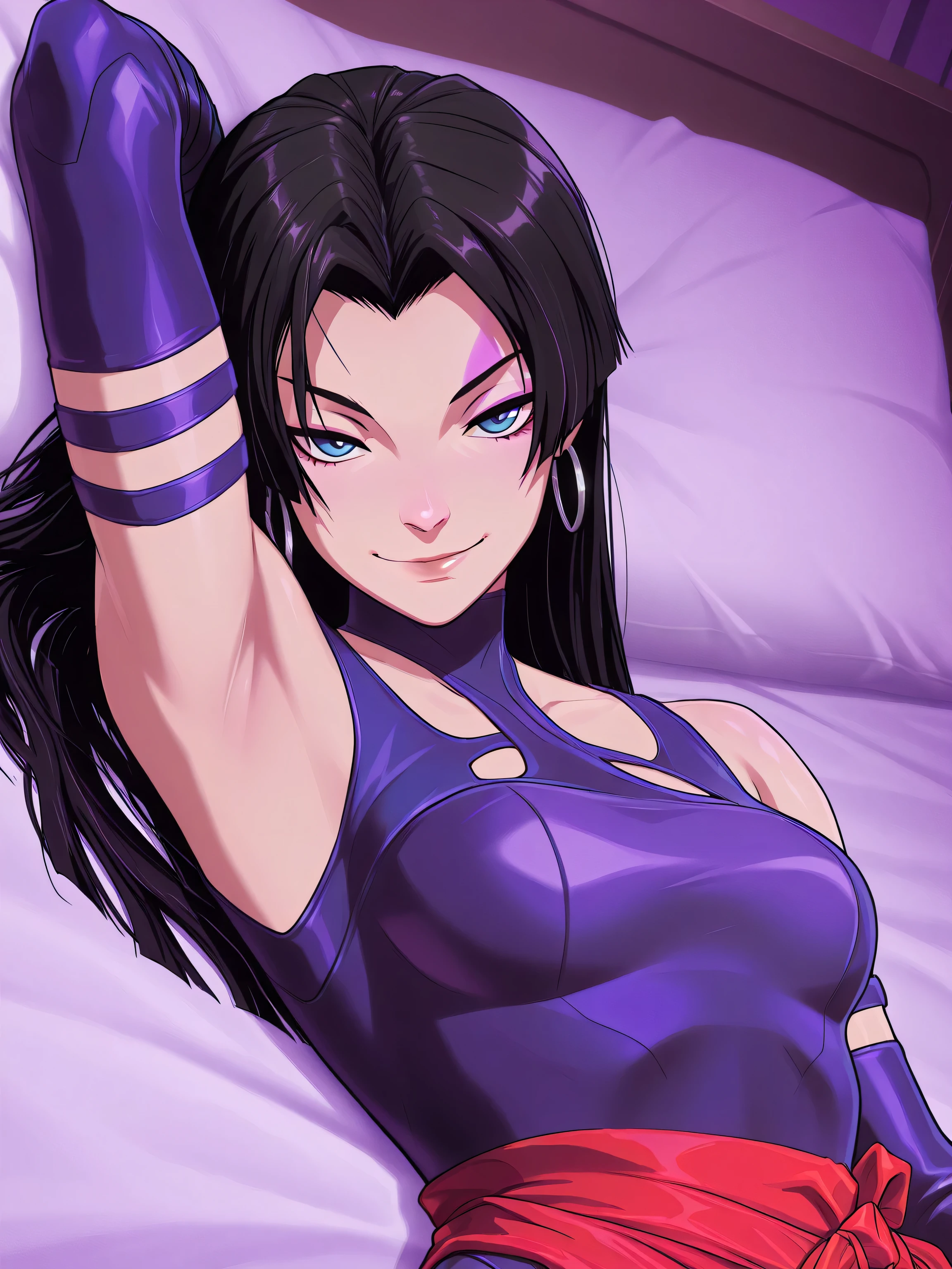 masterpiece, best quality, amazing quality, anime screencap, anime coloring, 1girl, solo, psylocke_vengeance, blue eyes, black hair, straight hair, long hair, hoop earrings, jewelry, purple leotard, clothing cutout, purple gloves, elbow gloves, arm behind head, armpit, head towards viewer, looking at viewer, smile, smug, closed mouth, low light, nighttime, lying in bed