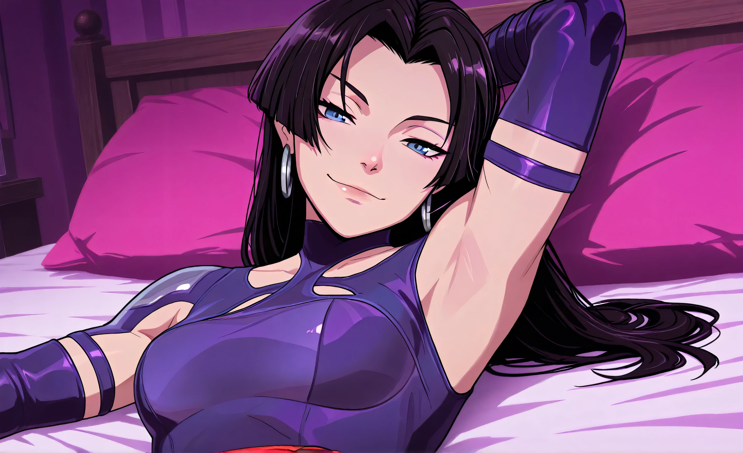 masterpiece, best quality, amazing quality, anime screencap, anime coloring, 1girl, solo, psylocke_vengeance, blue eyes, black hair, straight hair, long hair, hoop earrings, jewelry, purple leotard, clothing cutout, purple gloves, elbow gloves, arm behind head, armpit, head towards viewer, looking at viewer, smile, smug, closed mouth, low light, nighttime, lying in bed